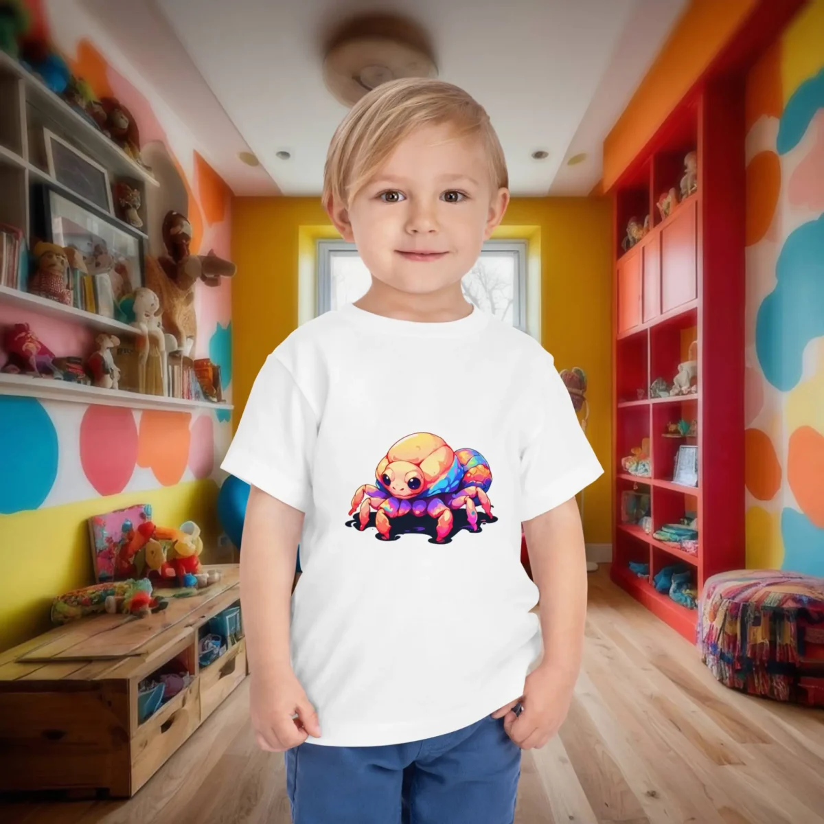 Toddler in a white t-shirt with a playful and colorful cartoon hermit crab design.