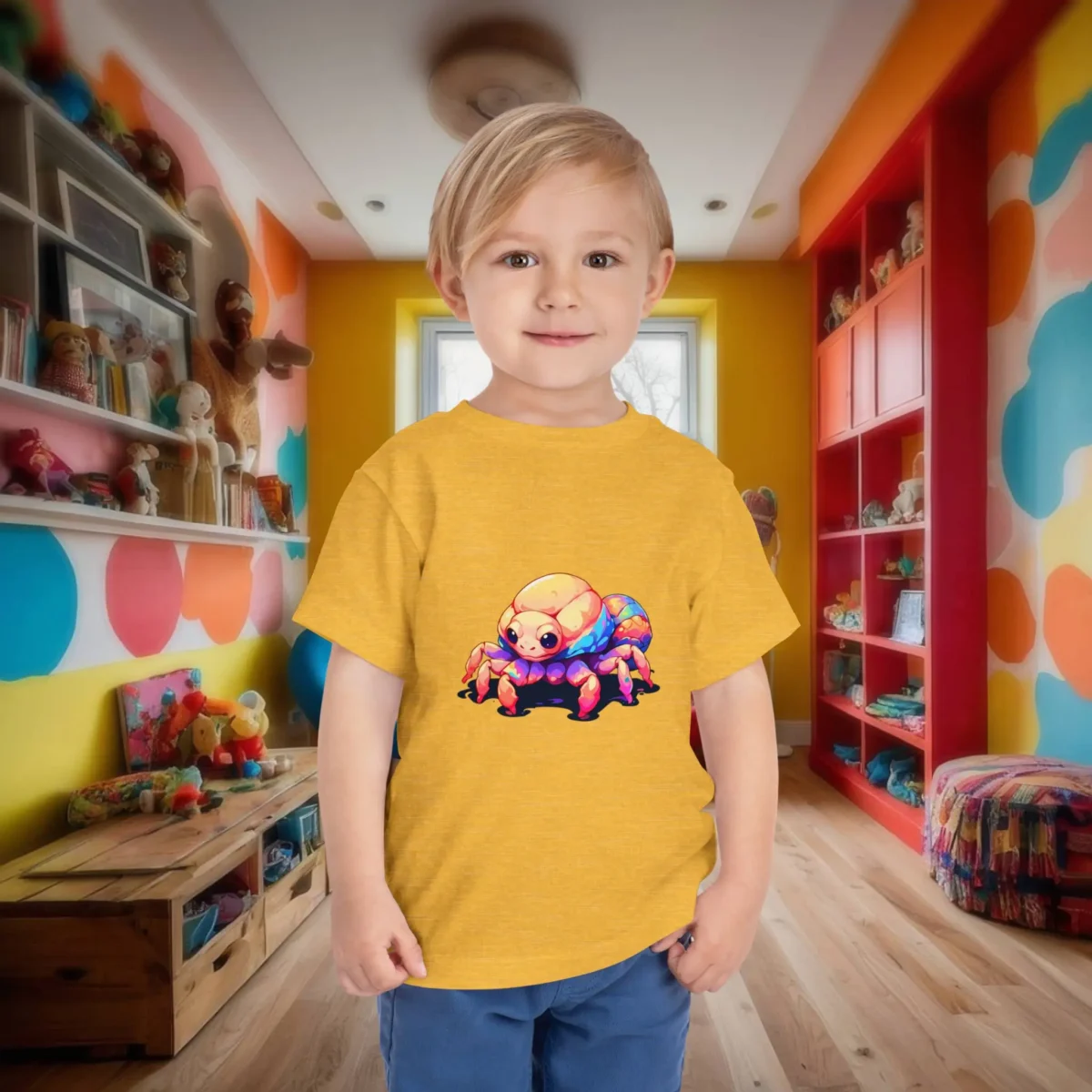 Toddler in a heather yellow t-shirt with a vibrant cartoon hermit crab illustration.