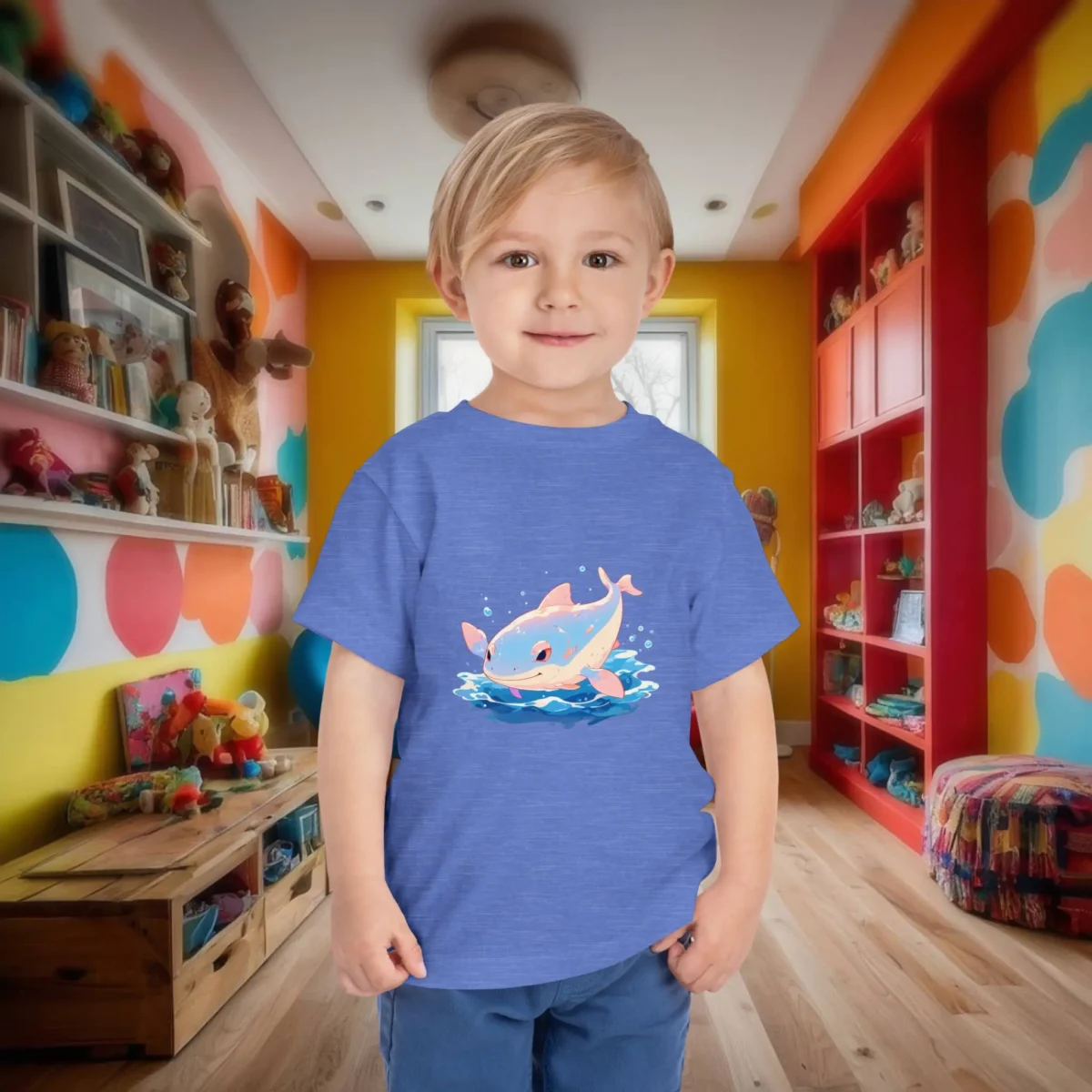 Toddler wearing a blue t-shirt with a cute pink stingray illustration