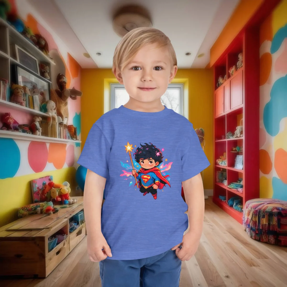 Toddler wearing heather blue t-shirt with superhero character illustration