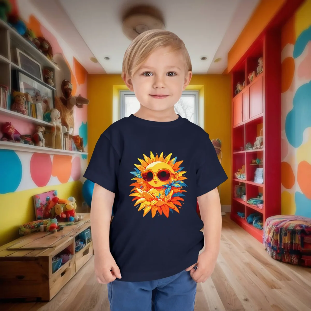 Toddler in navy blue t-shirt featuring a cool sun with sunglasses and floral design