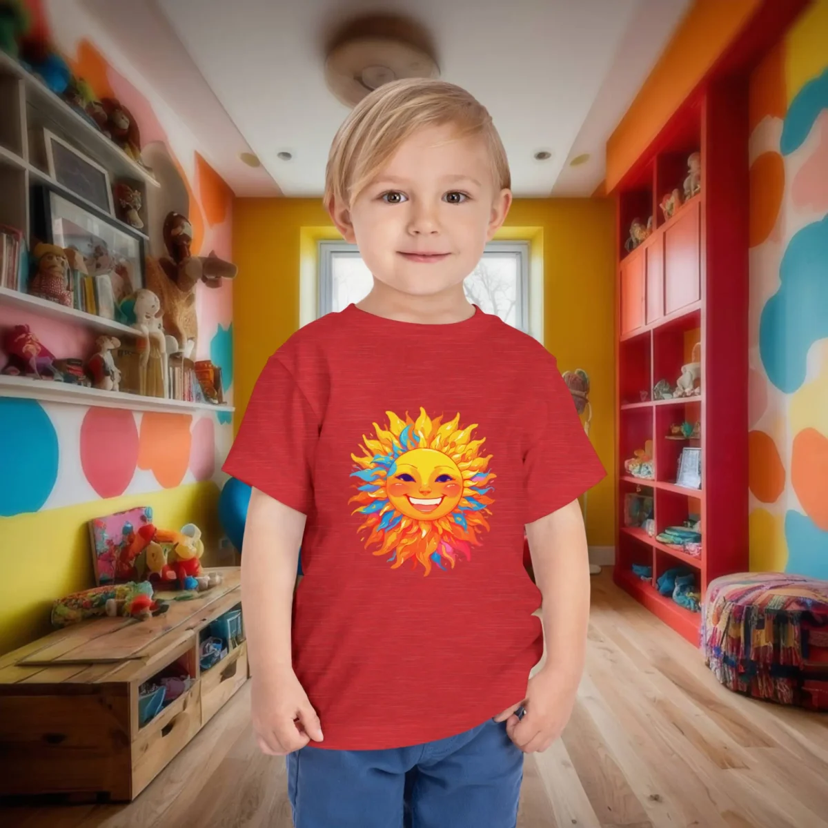Toddler in red t-shirt with a bright and happy sun character design