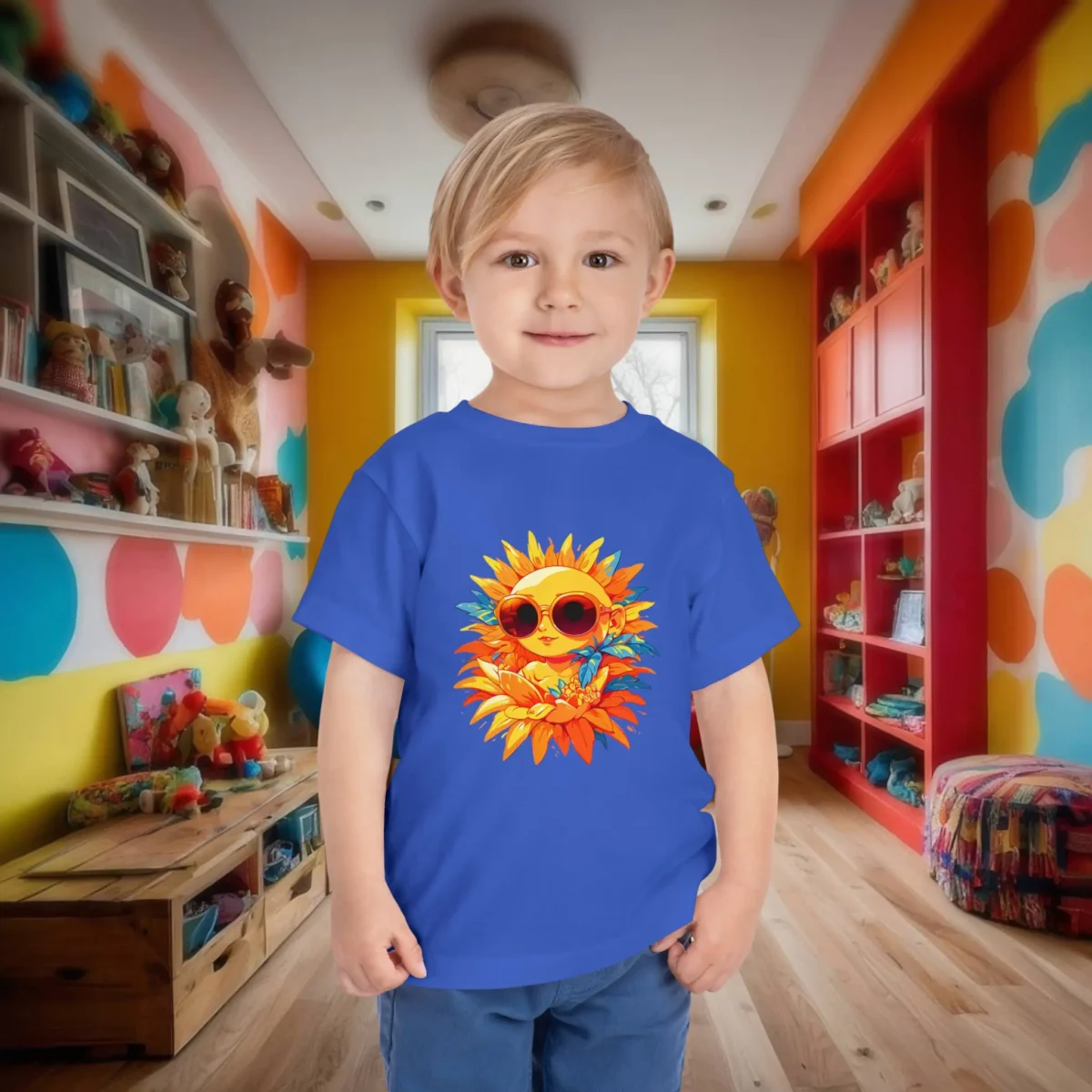 Toddler wearing a royal blue t-shirt with fun sun and flower artwork
