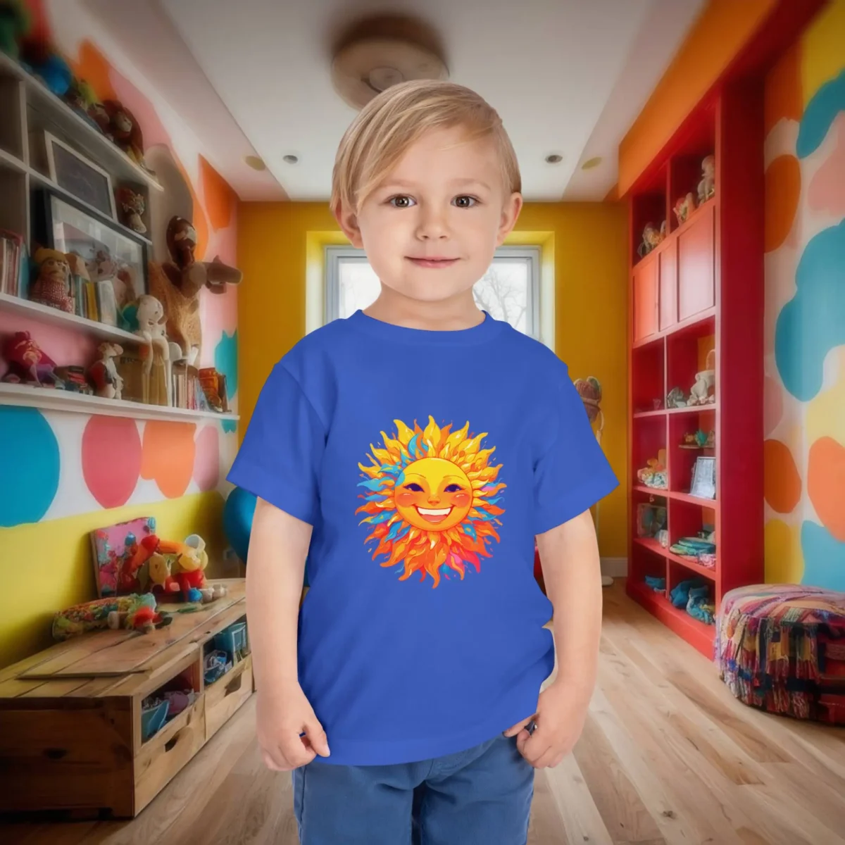 Toddler in royal blue t-shirt with happy sun design