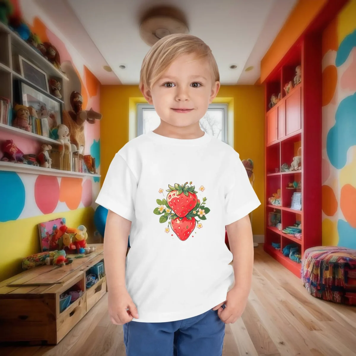 Toddler wearing a white t-shirt with illustrated strawberries and flowers