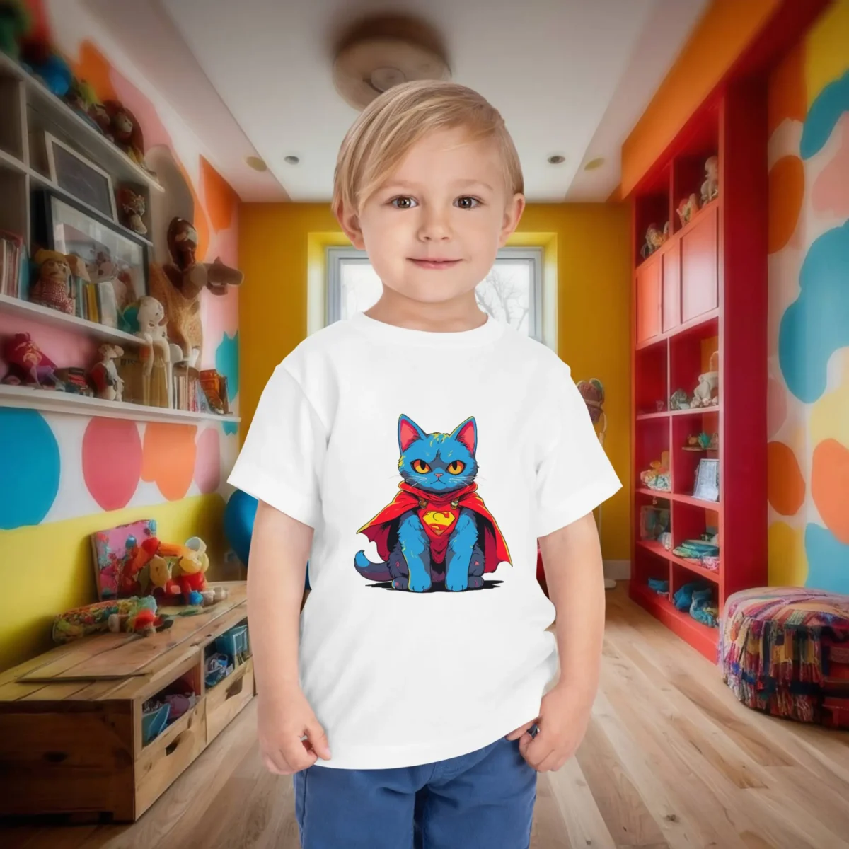 Toddler in white t-shirt with superhero blue cat wearing cape