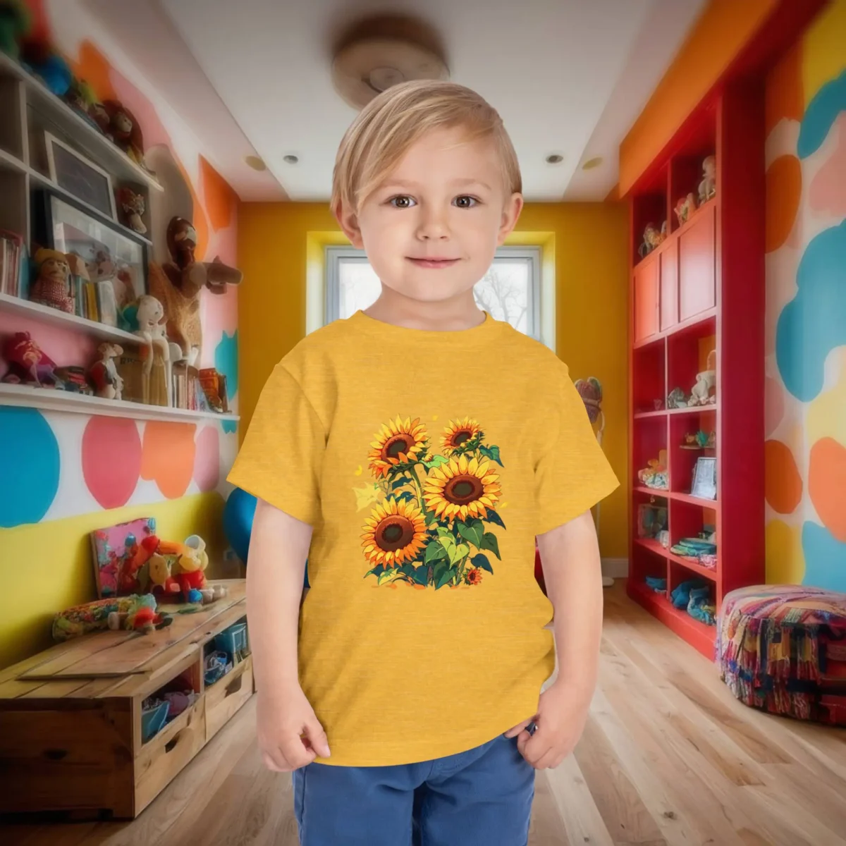 Toddler in yellow t-shirt with colorful sunflower artwork