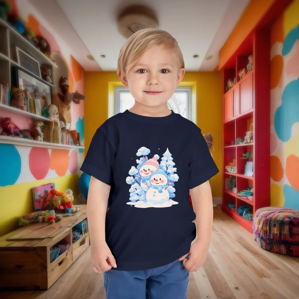 Toddler wearing a navy t-shirt with a cheerful snowman and snowy trees illustration