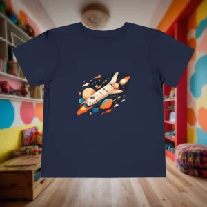 Flat navy toddler t-shirt with a cartoon-style rocket ship blasting off in space
