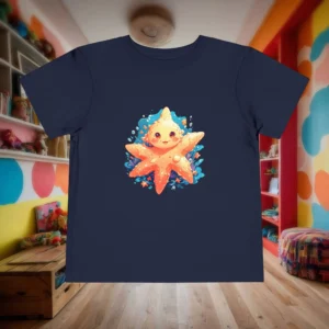 Flat navy toddler t-shirt with cute cartoon starfish surrounded by bubbles and sea elements