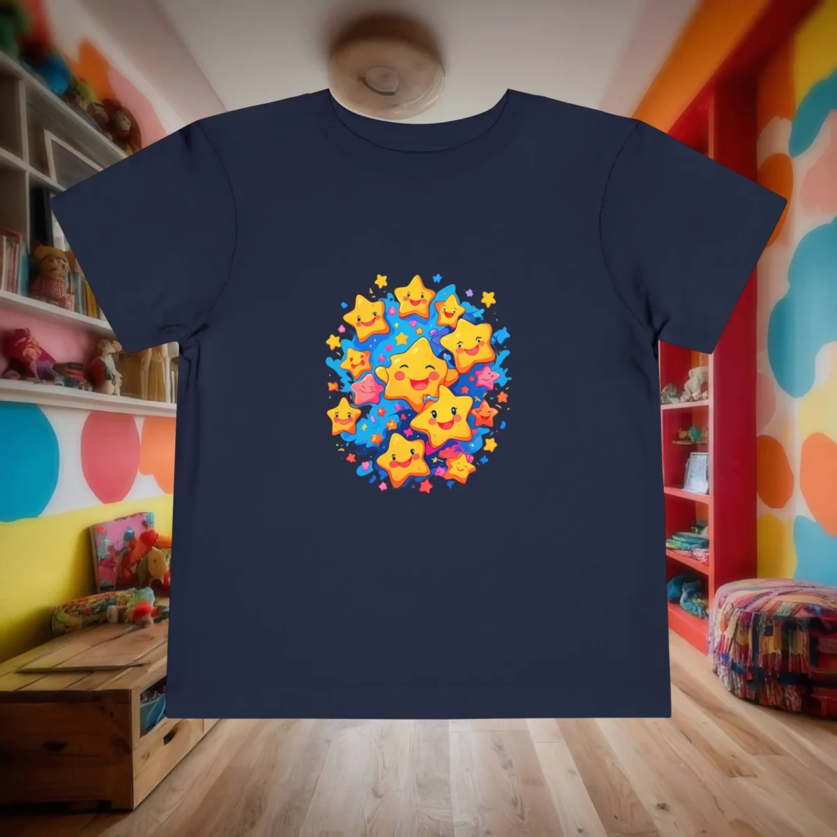 Flat navy toddler t-shirt with a group of happy cartoon stars in orange, pink, and yellow