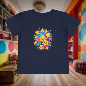 Flat navy toddler t-shirt with a group of happy cartoon stars in orange, pink, and yellow