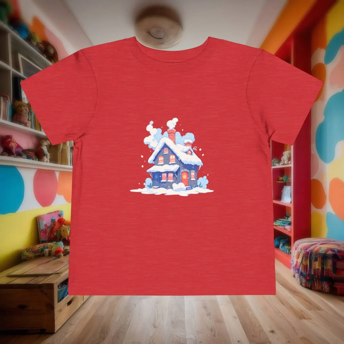 Red toddler t-shirt with a snowy house illustration, displayed flat