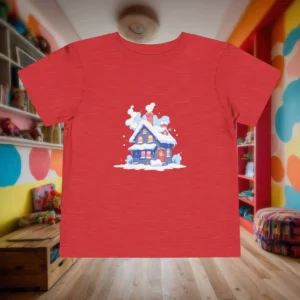 Red toddler t-shirt with a snowy house illustration, displayed flat