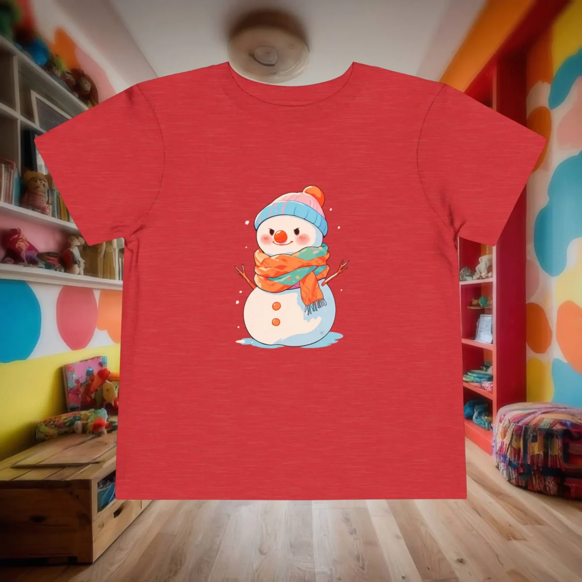 Flat red toddler t-shirt with a colorful snowman graphic design