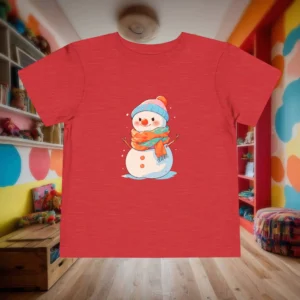 Flat red toddler t-shirt with a colorful snowman graphic design