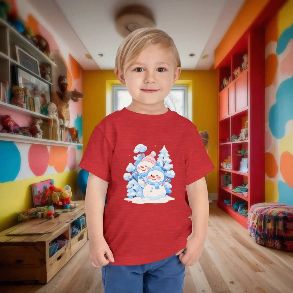 Toddler in red t-shirt with cute snowmen and snowy pine trees graphic