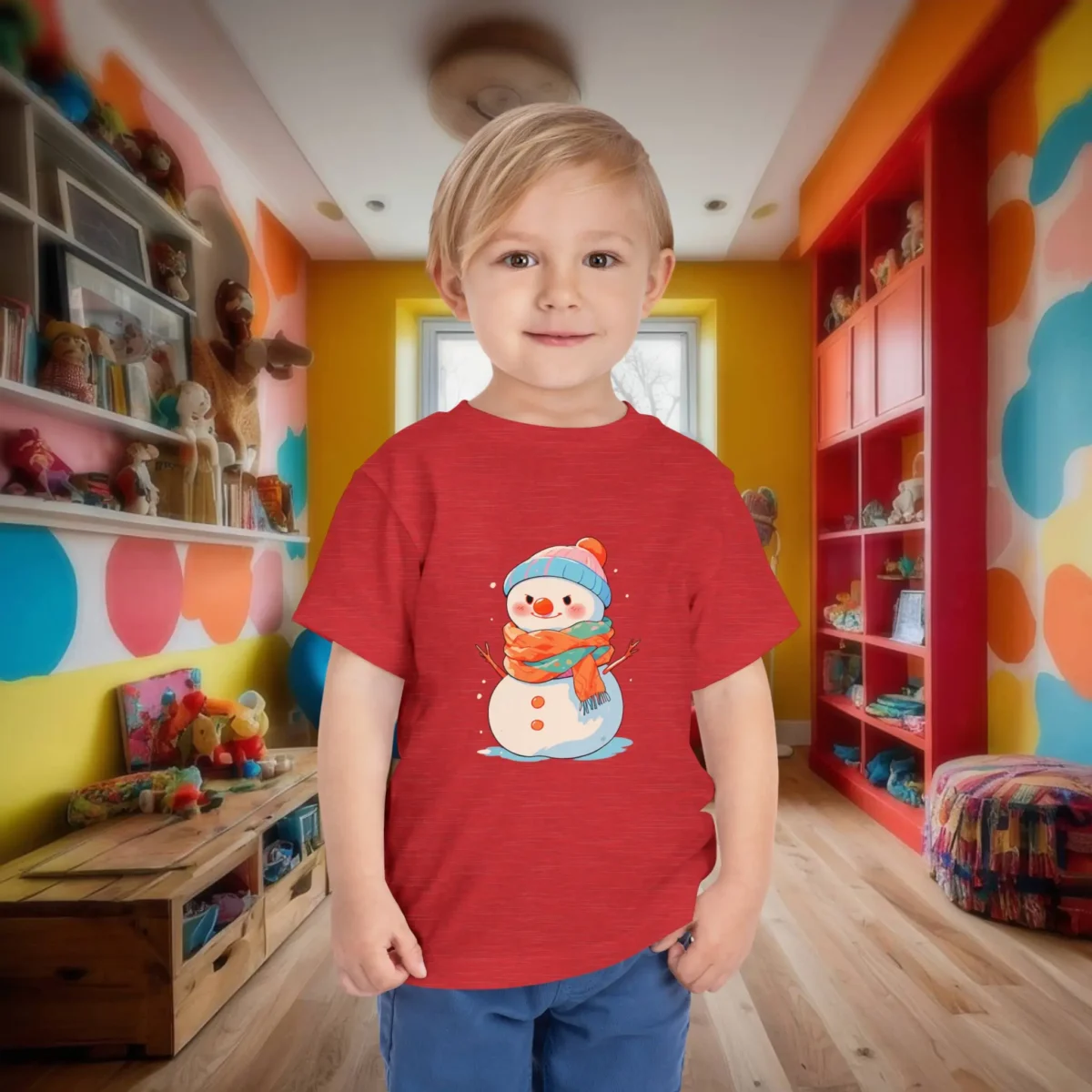 Toddler in red t-shirt featuring a smiling snowman in colorful scarf and beanie