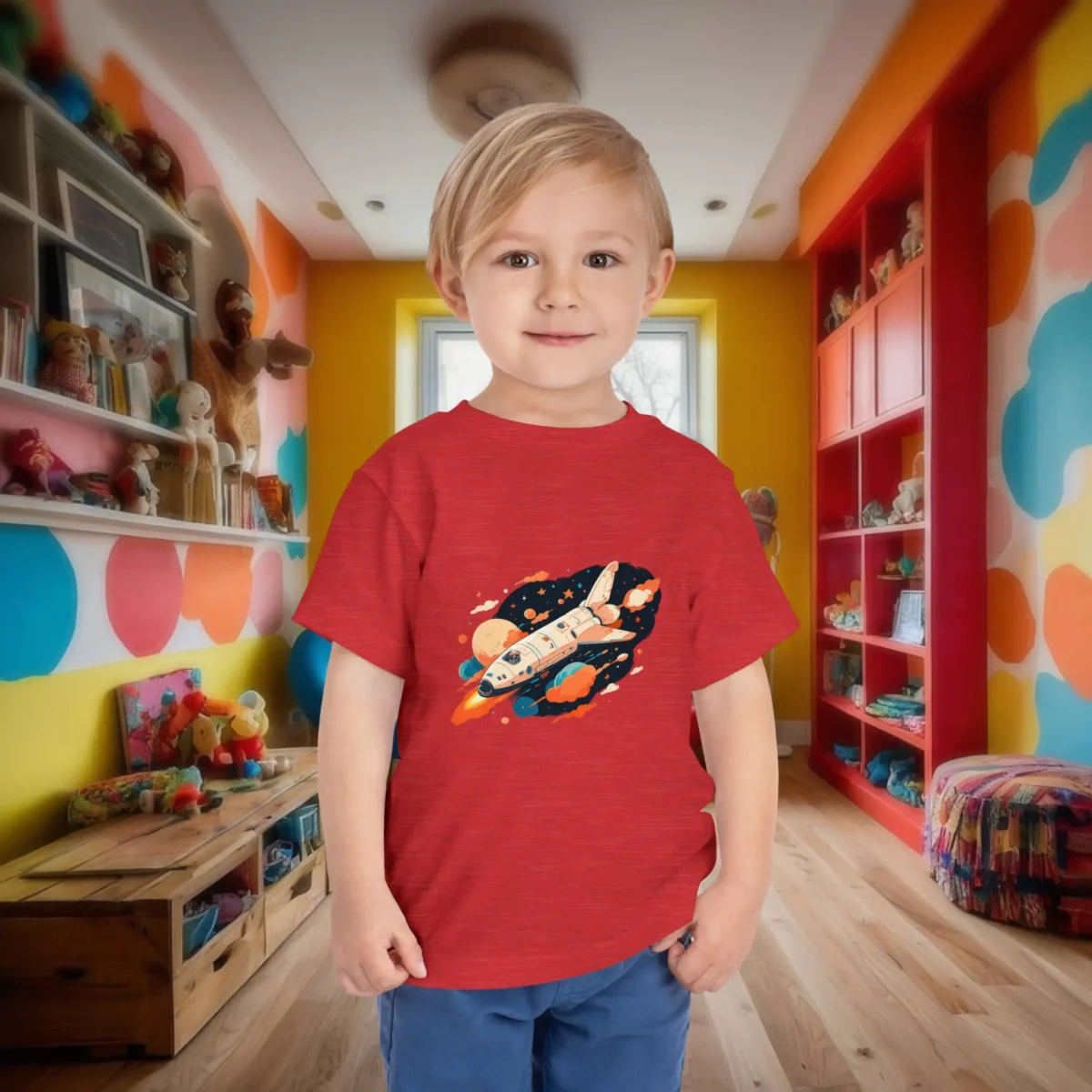 Toddler wearing a red t-shirt with a space shuttle blasting off through outer space