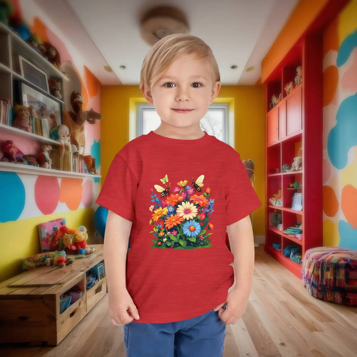 Toddler in red t-shirt featuring a vibrant garden of flowers and butterflies