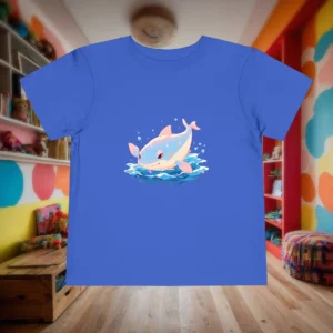 Flat lay of royal blue toddler t-shirt with pink stingray graphic