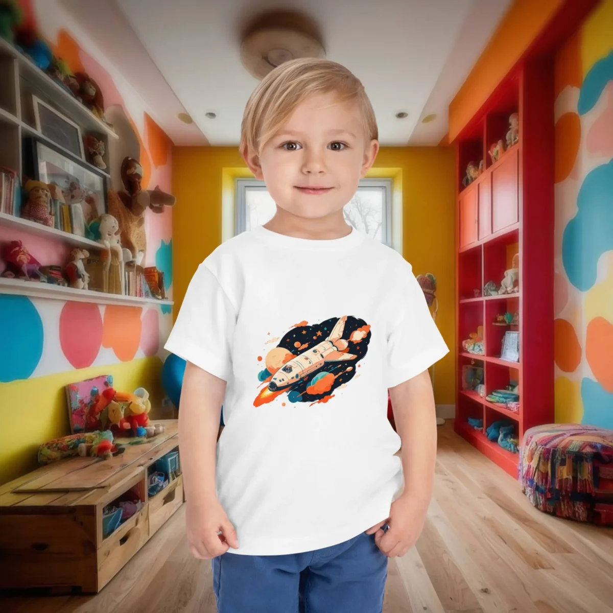 Toddler wearing a white t-shirt with colorful space shuttle design flying among stars