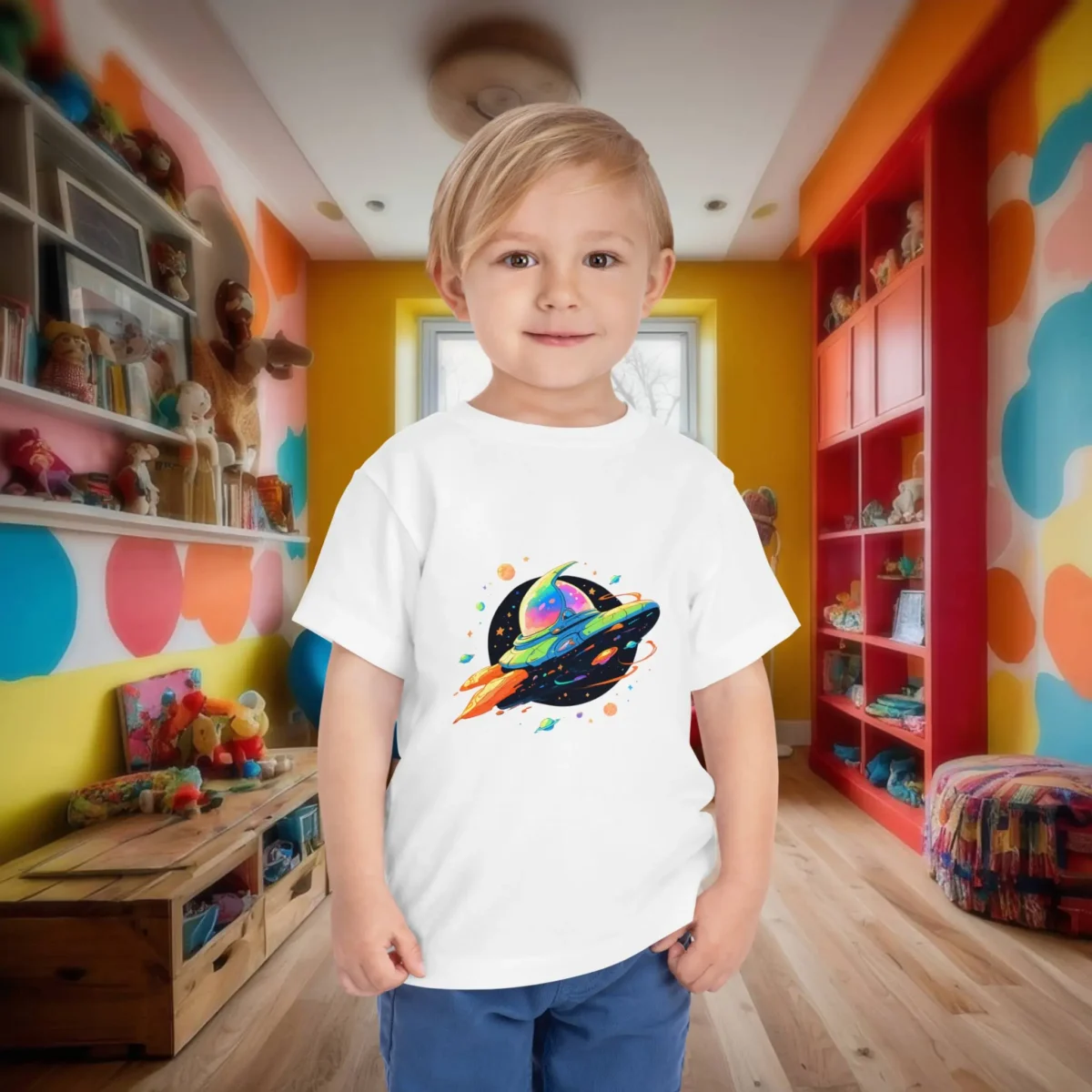 Toddler wearing a white t-shirt with a colorful cartoon spaceship flying through space