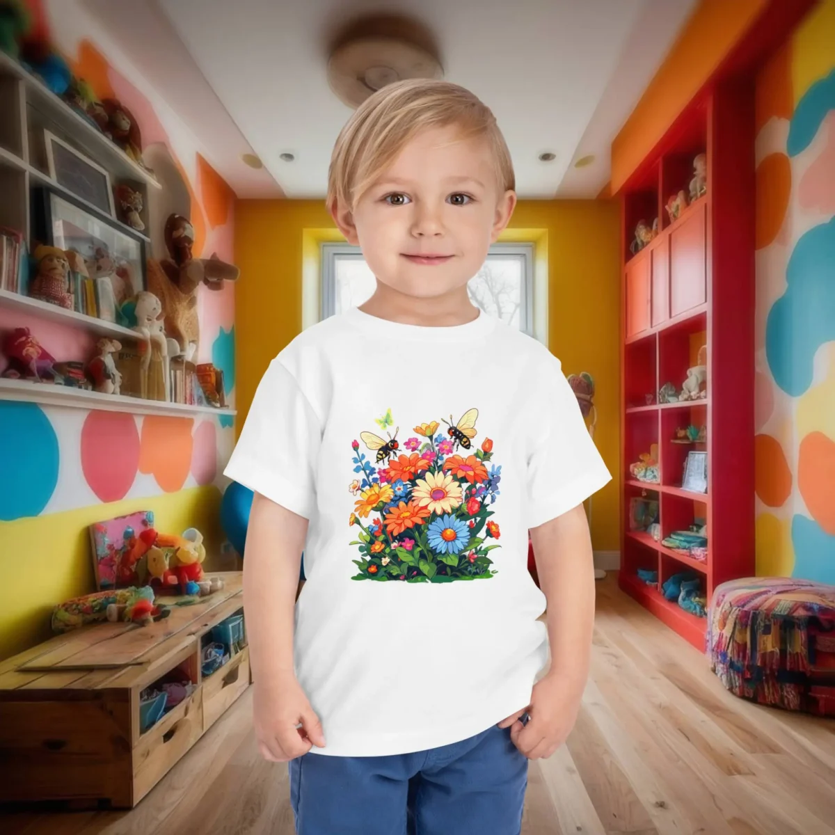 Toddler wearing a white t-shirt with a vibrant spring garden illustration featuring flowers and butterflies