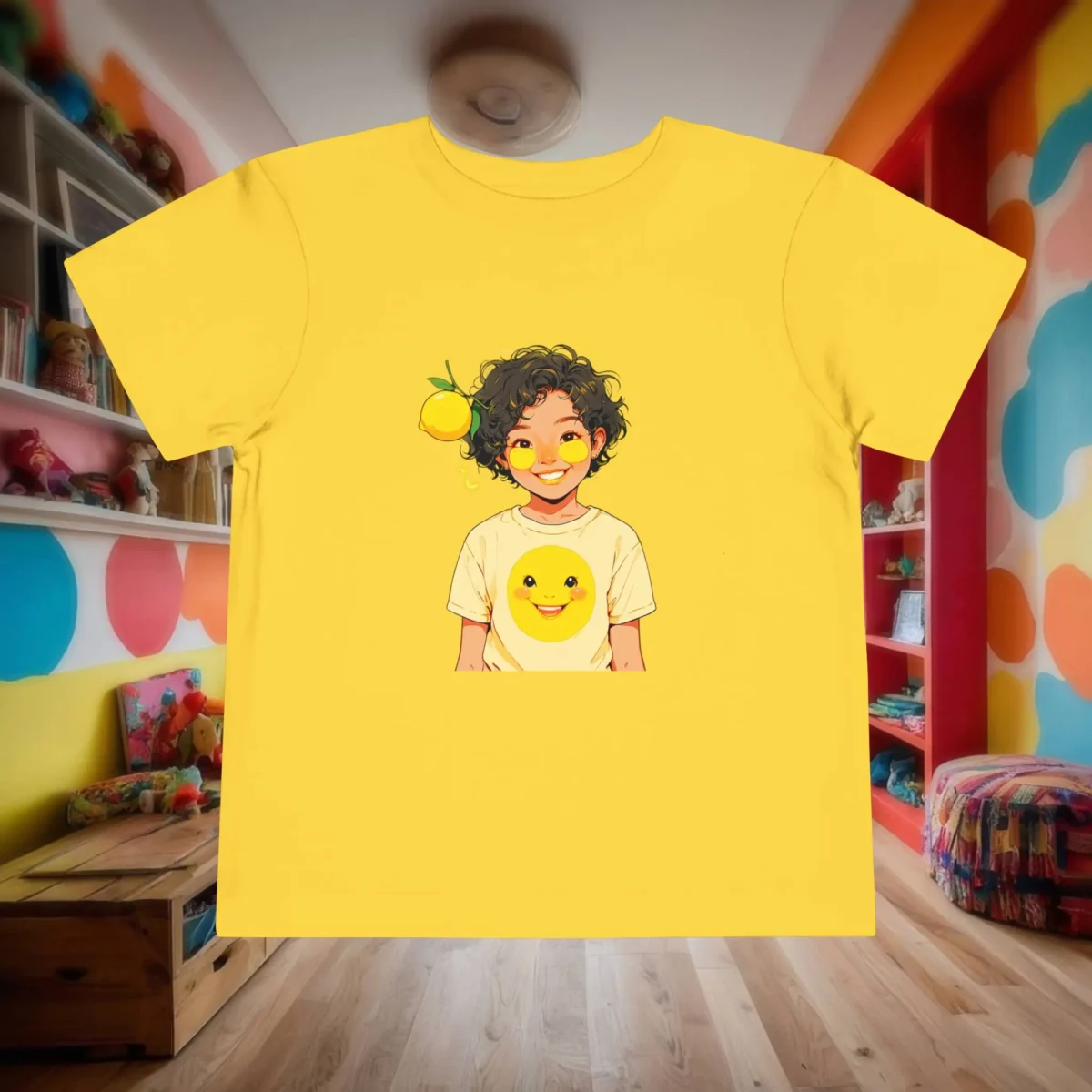 Flat lay of a yellow toddler t-shirt featuring a cartoon lemon with a smile