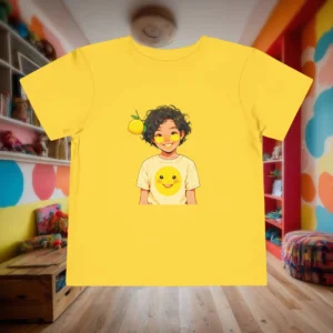 Flat lay of a yellow toddler t-shirt featuring a cartoon lemon with a smile