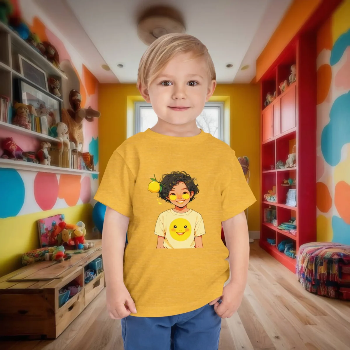 Young boy wearing a yellow toddler t-shirt with a smiling lemon face design