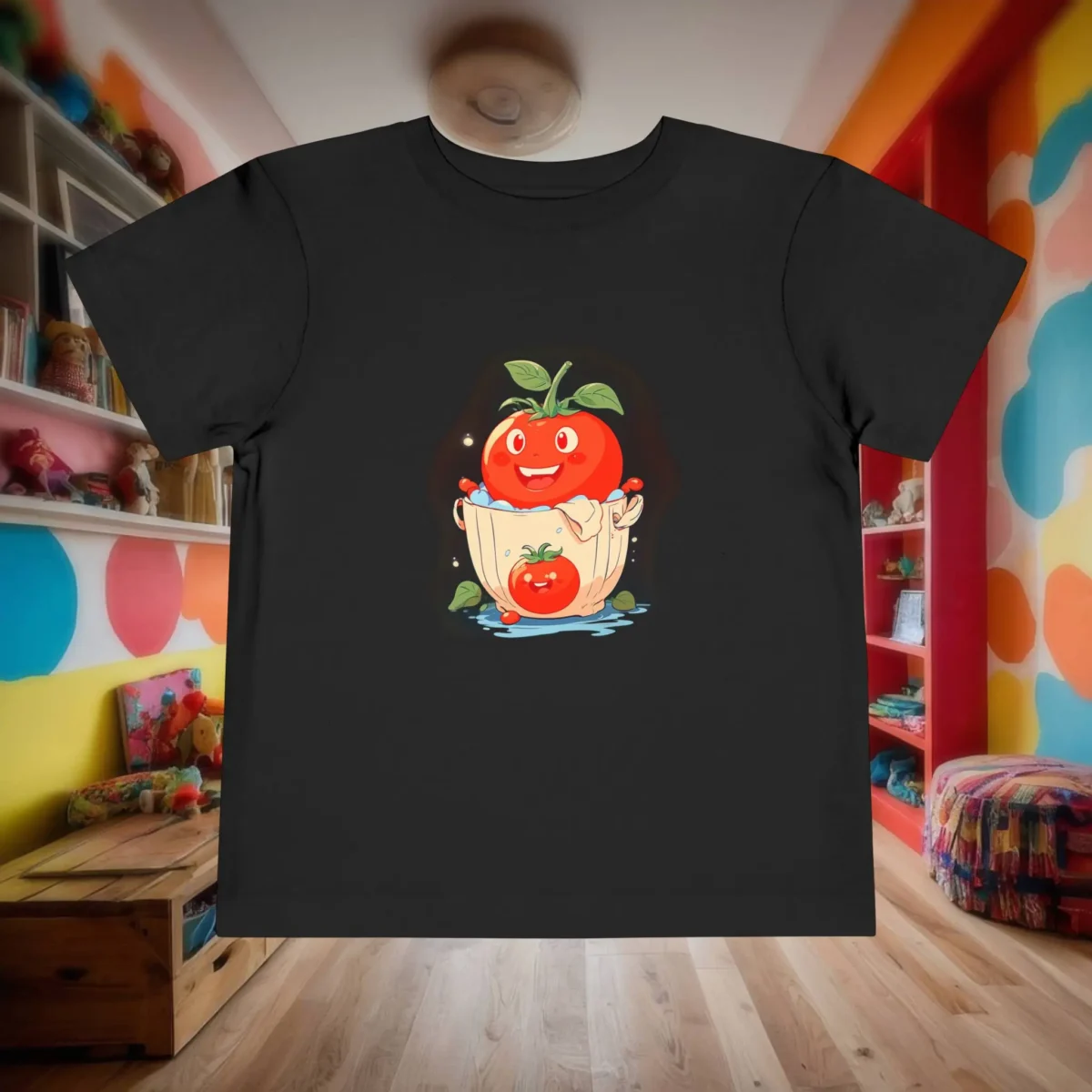 Flat lay of black toddler t-shirt with cute cartoon tomato in a wooden tub.