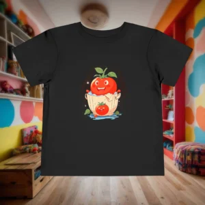 Flat lay of black toddler t-shirt with cute cartoon tomato in a wooden tub.