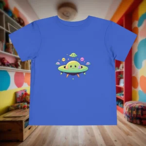 Flat lay of blue toddler t-shirt with cartoon UFO and colorful alien ships.