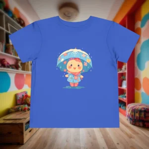 Flat lay of a blue toddler t-shirt with a cute child and umbrella illustration