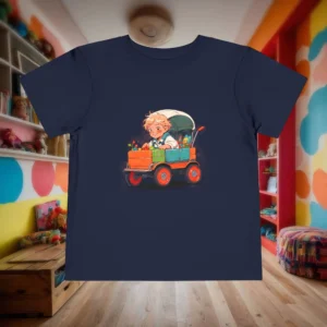 Flat lay of navy toddler t-shirt with cartoon boy riding a colorful wagon.