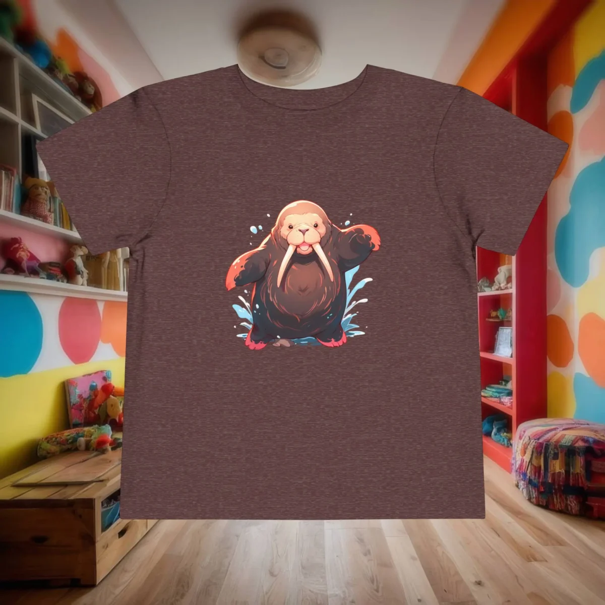 Flat lay of heather brown toddler t-shirt with cute walrus and water splash design.