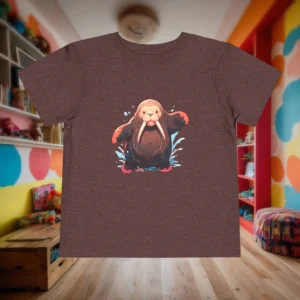Flat lay of heather brown toddler t-shirt with cute walrus and water splash design.