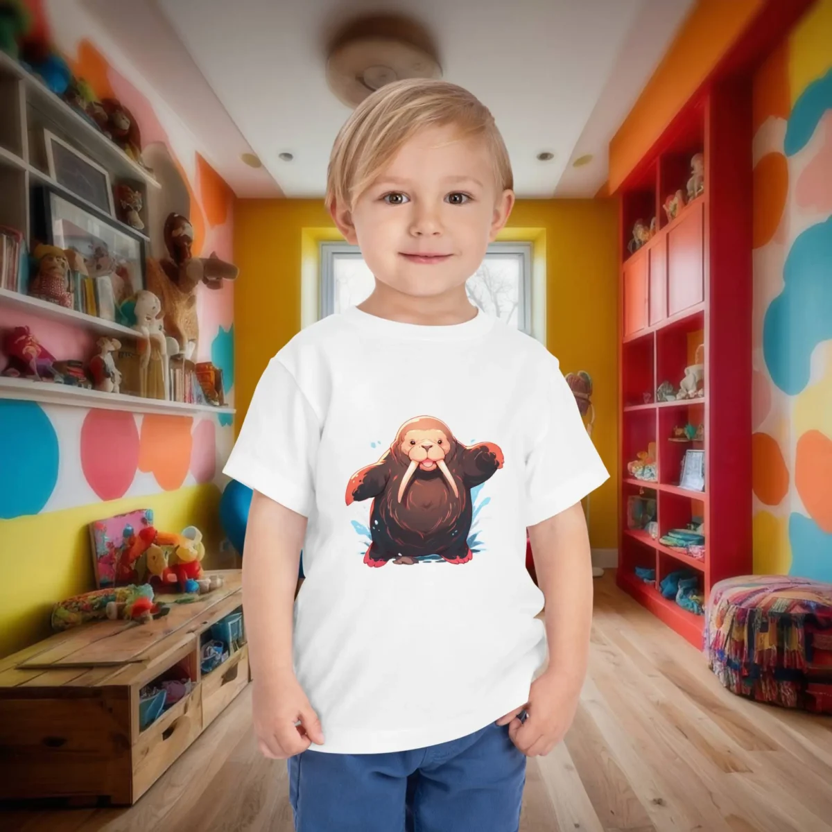 Toddler wearing white t-shirt with cartoon-style walrus and water splash.