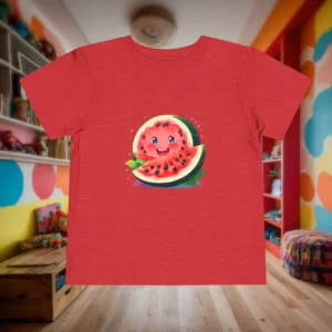 Flat lay of heather red toddler t-shirt with cartoon watermelon slice illustration.