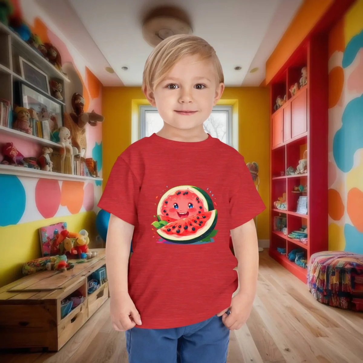 Toddler wearing heather red t-shirt with smiling watermelon cartoon.