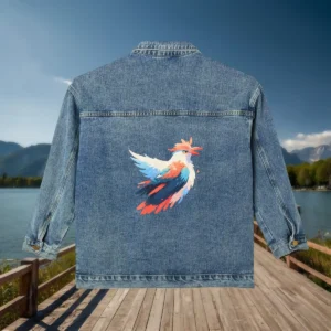 Back of denim jacket with colorful tribal thunderbird design