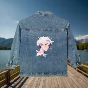 Back of a denim jacket with a pastel artistic female face illustration