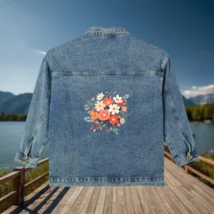 Back of a denim jacket with orange, coral, and white flower bouquet print