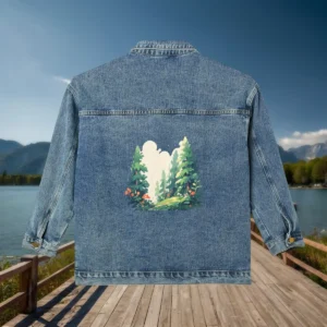 Back of a denim jacket with trees and forest landscape illustration
