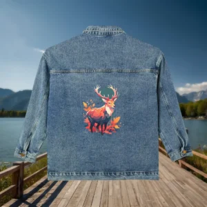 Back of a denim jacket featuring a vivid and artistic deer surrounded by fall foliage