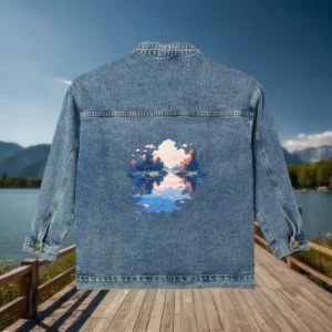 Flat lay of a denim jacket with a nature-inspired lake reflection illustration on the back.