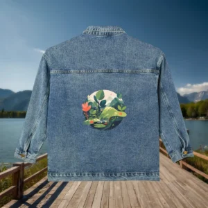 Flat view of a denim jacket with a circular illustration of a forest and nature elements on the back.