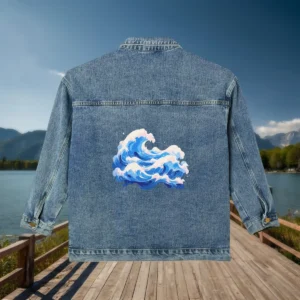 Flat view of a denim jacket with a stylized blue ocean wave illustration on the back.