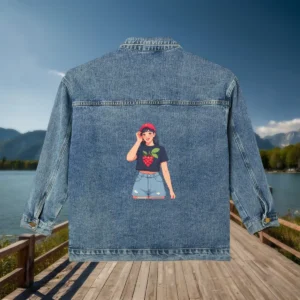 Denim jacket with cartoon girl in raspberry shirt printed on the back
